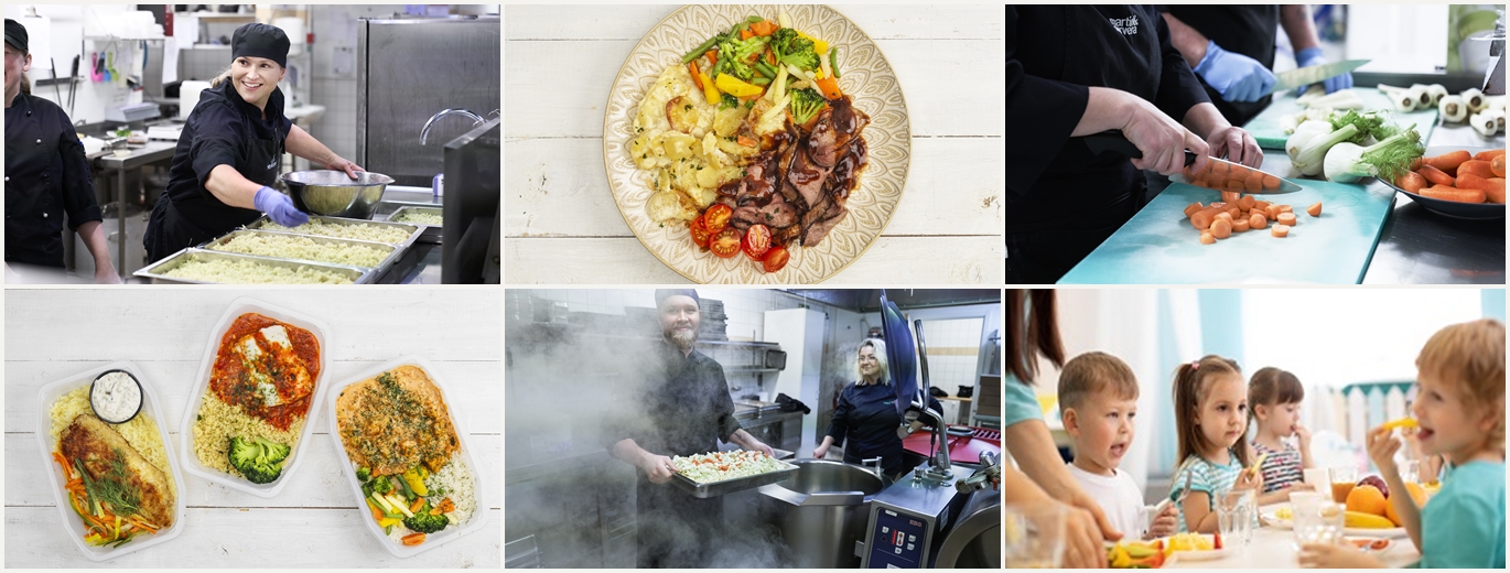 collage bilder med smakrig matlådor, mattallrik, måltid i en förskola och landskap i köket